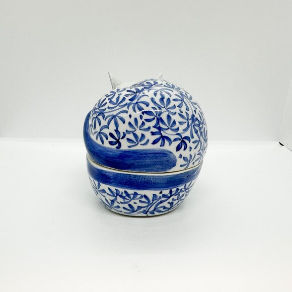 Vintage Delft Blue Cat Trinket Box Ceramic Hand Painted Floral Sleeping Kitten - Picture 4 of 7